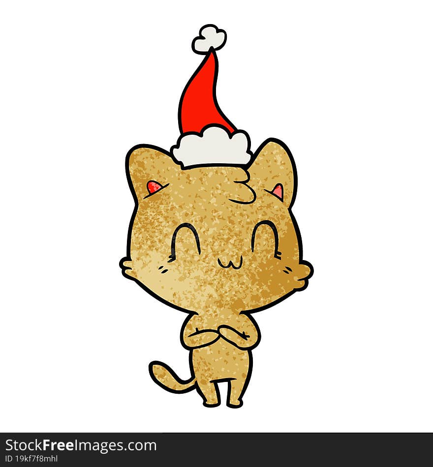 textured cartoon of a happy cat wearing santa hat