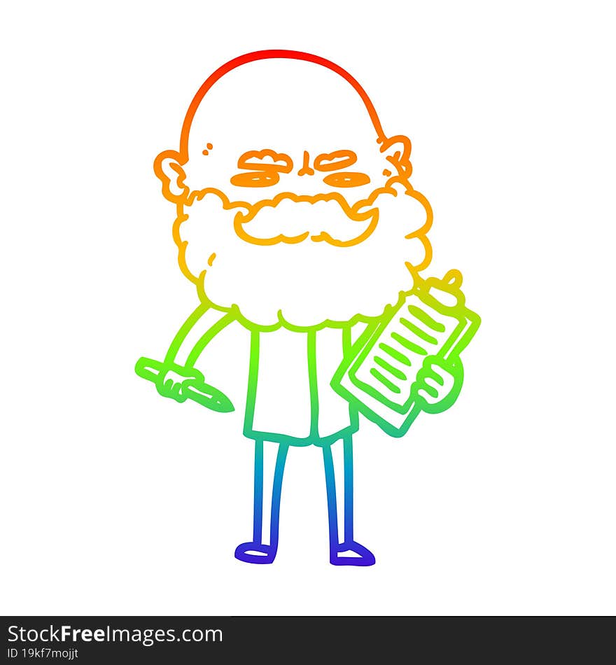 rainbow gradient line drawing of a cartoon man with beard frowning