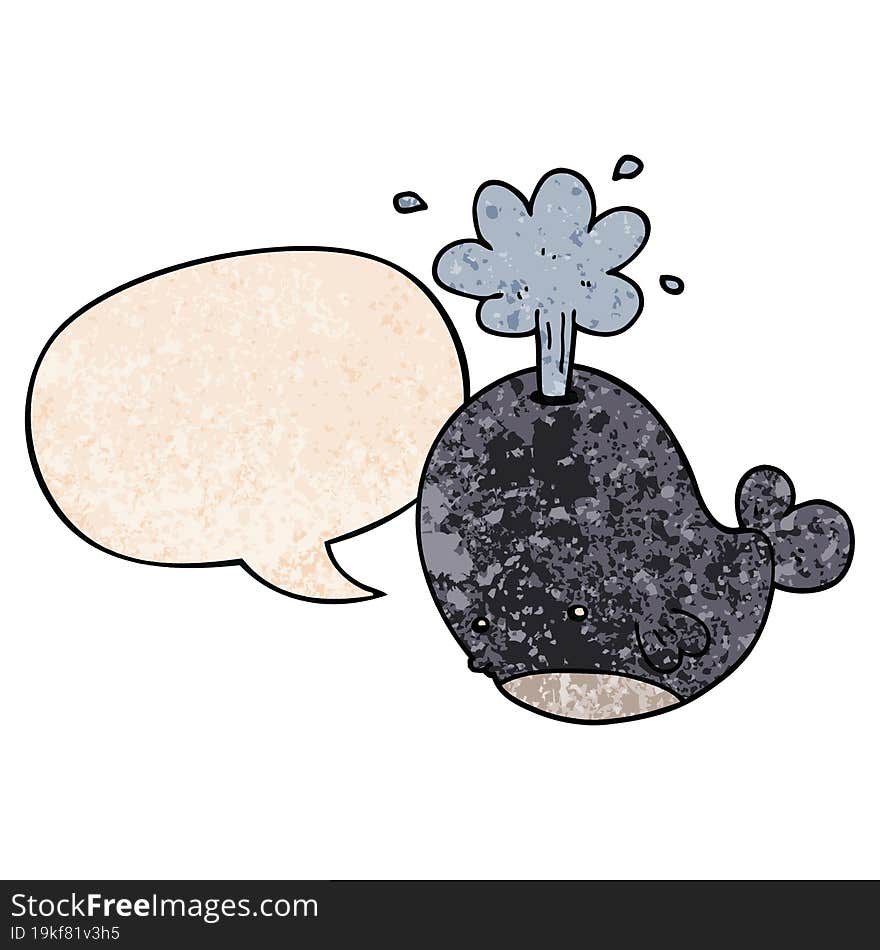 cartoon spouting whale and speech bubble in retro texture style