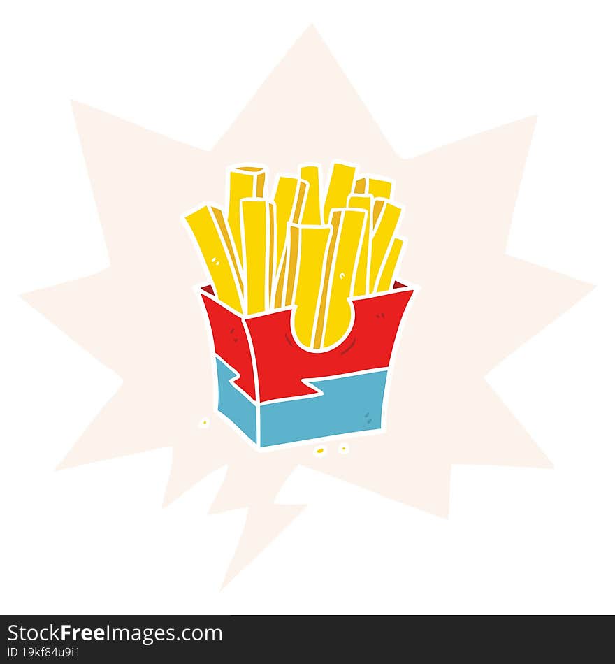 cartoon junk food fries and speech bubble in retro style