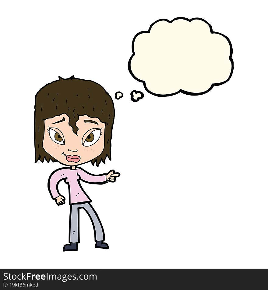 cartoon relaxed woman pointing with thought bubble