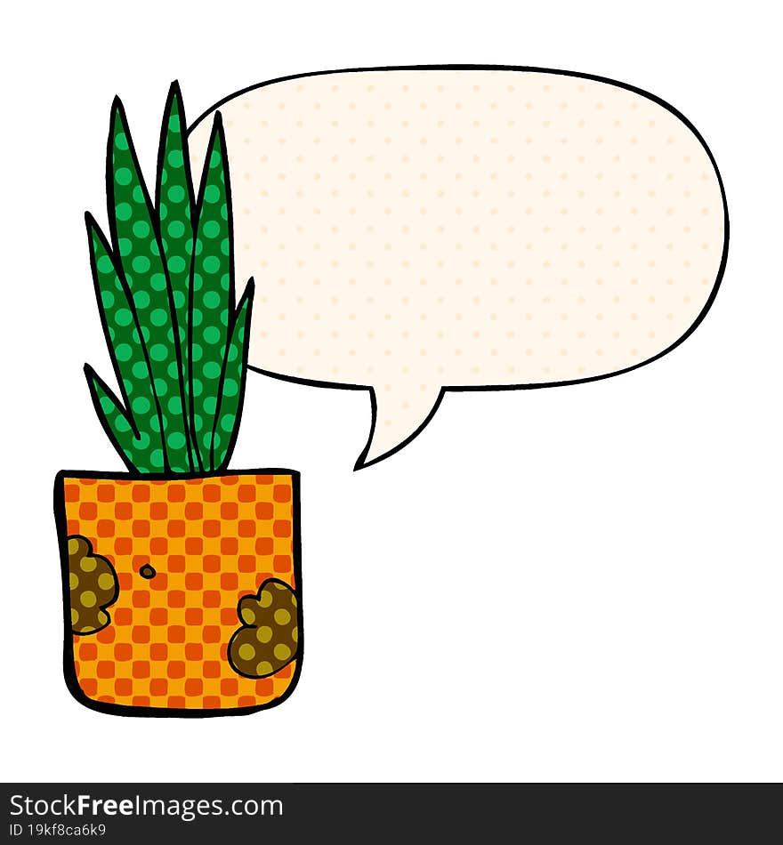 cartoon house plant with speech bubble in comic book style