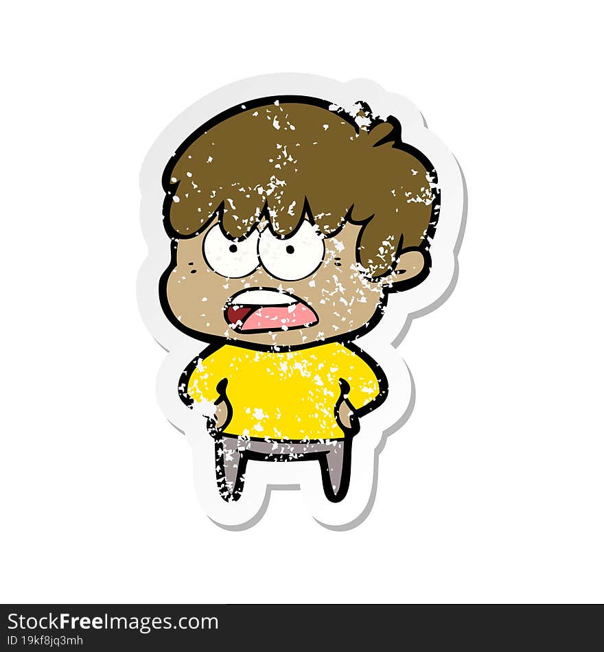 distressed sticker of a worried cartoon boy