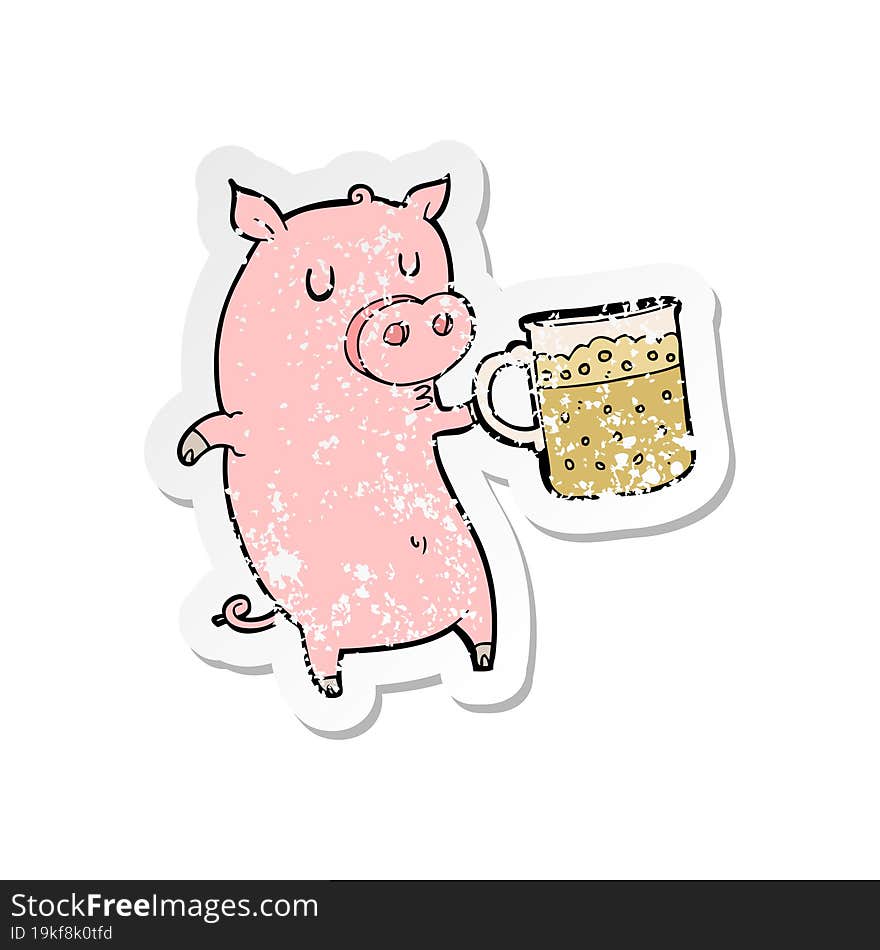 Retro Distressed Sticker Of A Cartoon Pig With Beer