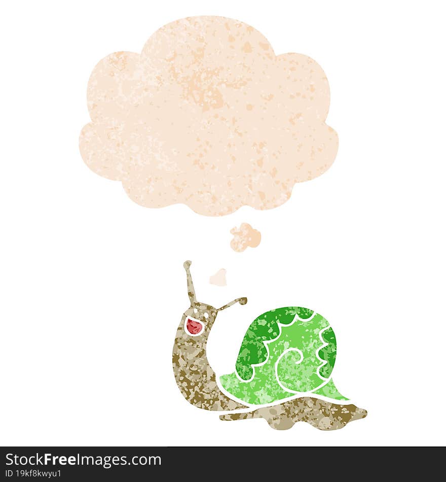 cute cartoon snail and thought bubble in retro textured style