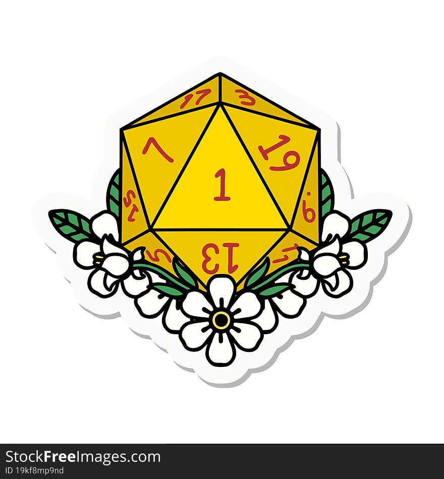 sticker of a natural one dice roll with floral elements. sticker of a natural one dice roll with floral elements