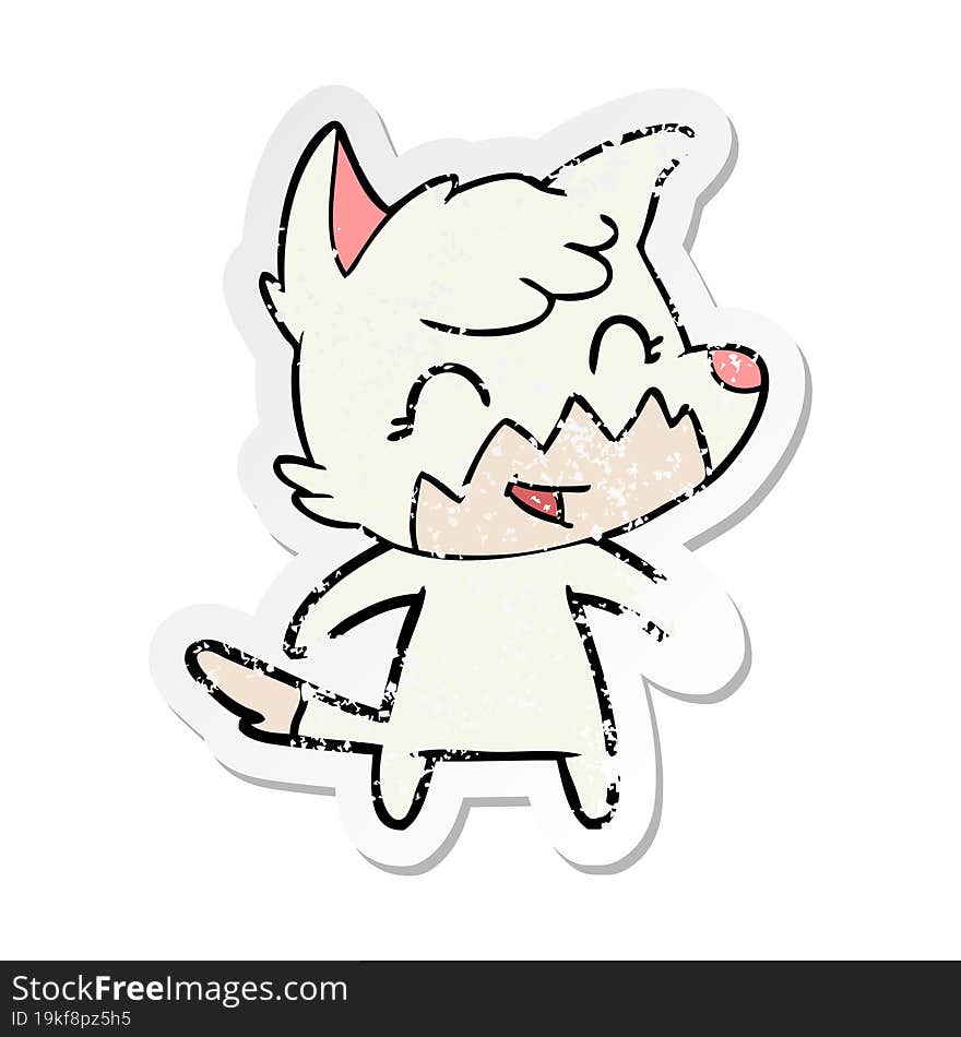 distressed sticker of a happy cartoon fox