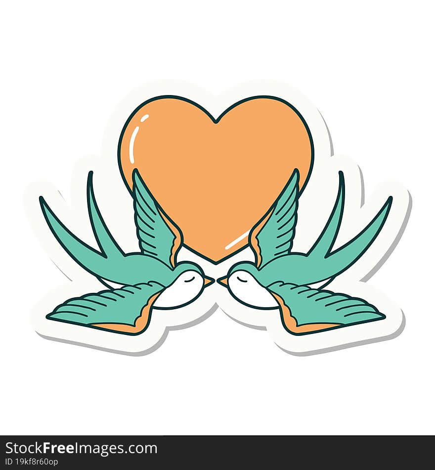 sticker of tattoo in traditional style of swallows and a heart. sticker of tattoo in traditional style of swallows and a heart