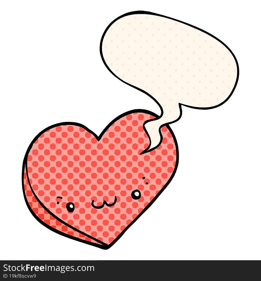 cartoon love heart and face and speech bubble in comic book style