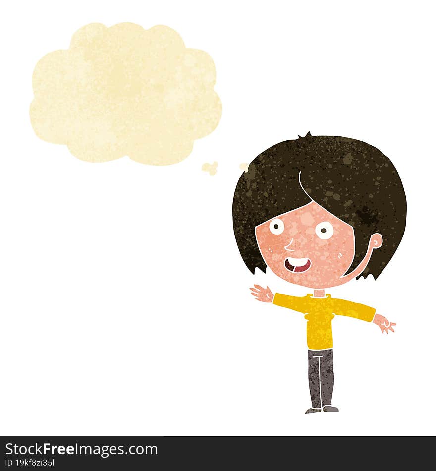 cartoon happy girl waving with thought bubble