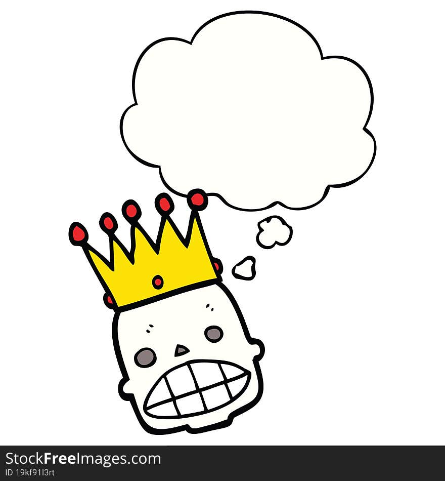 cartoon spooky skull face with crown with thought bubble