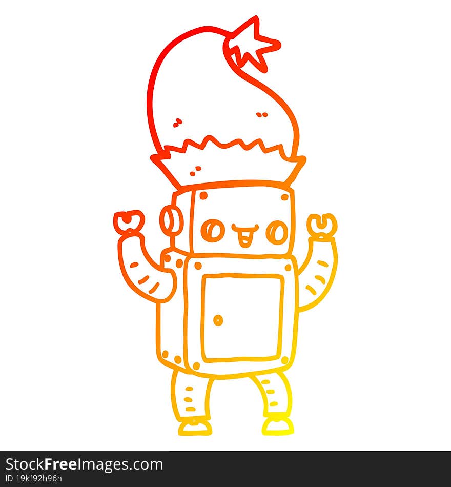 warm gradient line drawing of a cartoon christmas robot