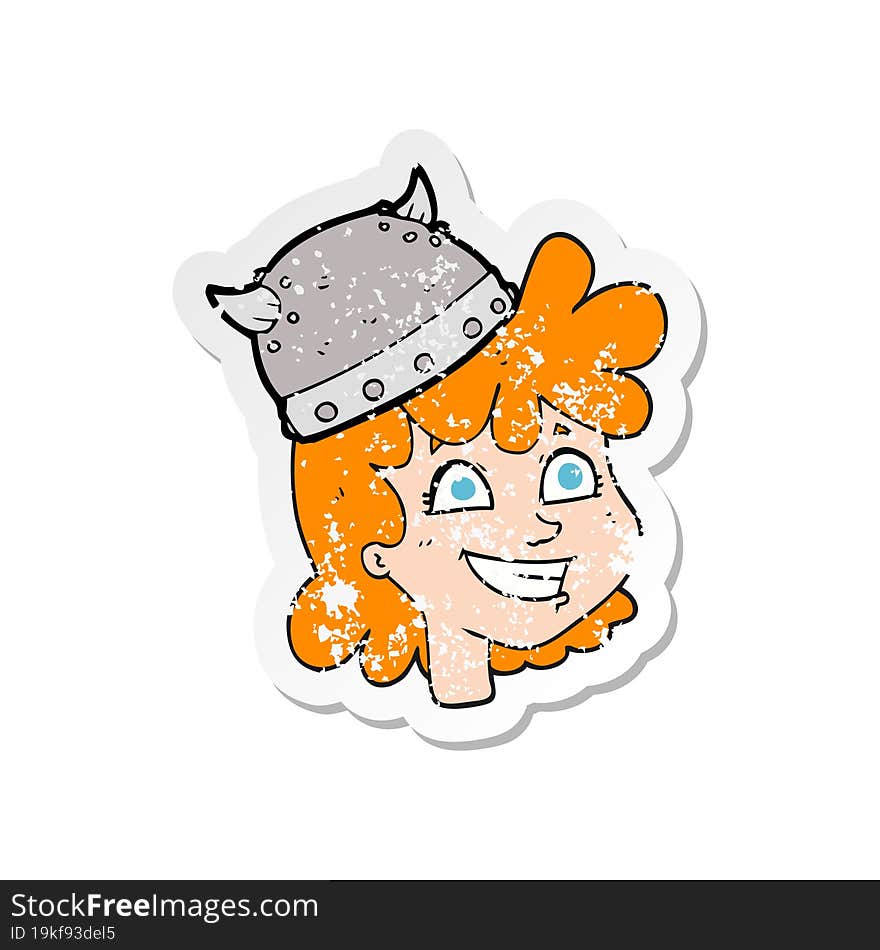 retro distressed sticker of a cartoon female viking face