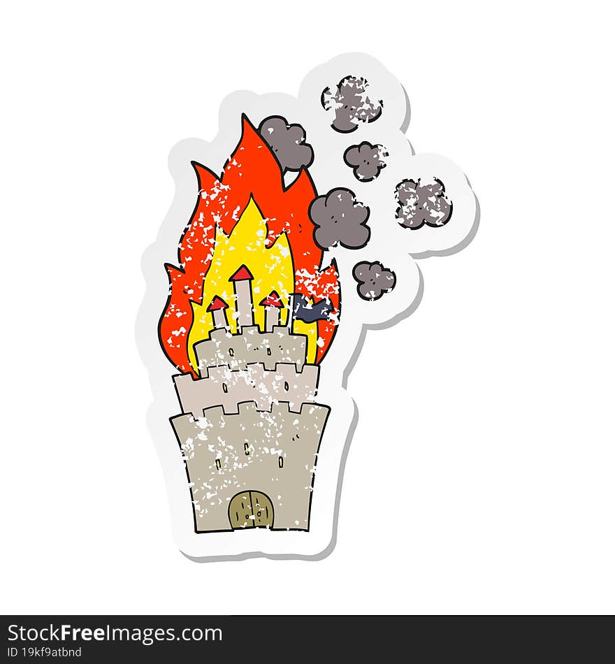 Retro Distressed Sticker Of A Cartoon Burning Castle