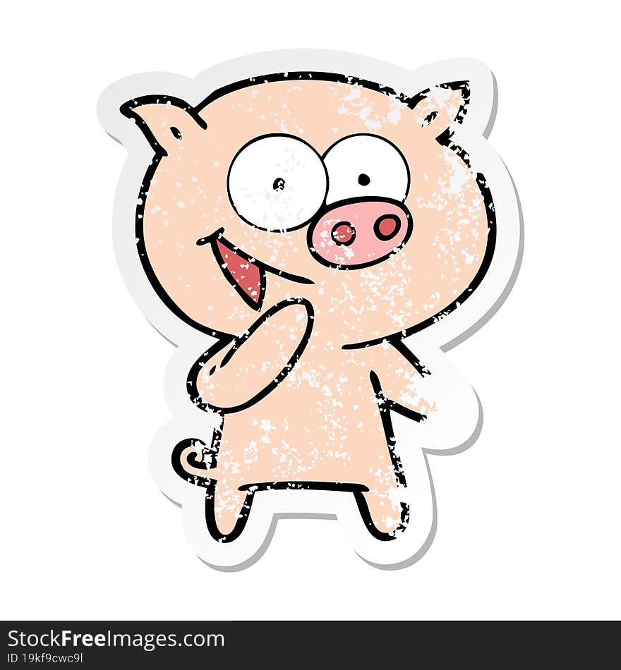 Distressed Sticker Of A Laughing Pig Cartoon