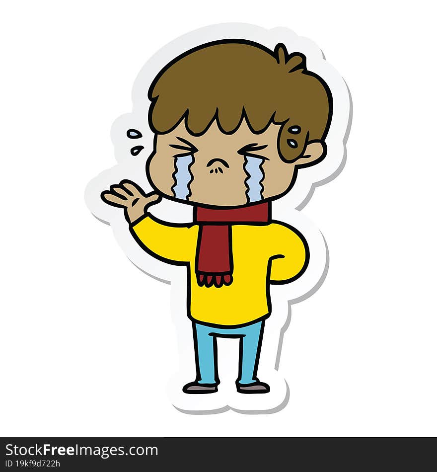 sticker of a cartoon boy crying