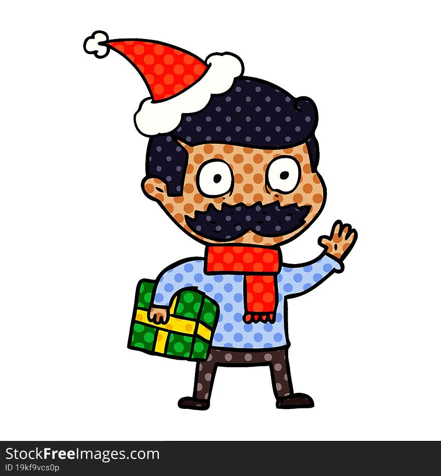 comic book style illustration of a man with mustache and christmas present wearing santa hat