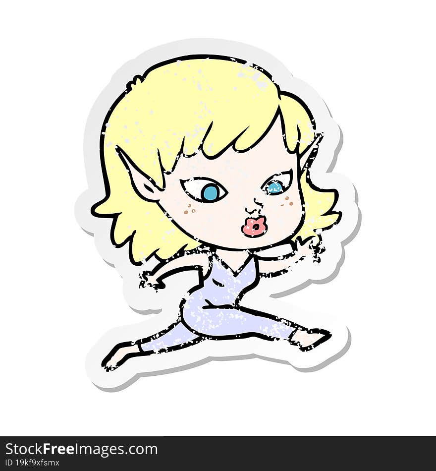 distressed sticker of a pretty cartoon elf girl running