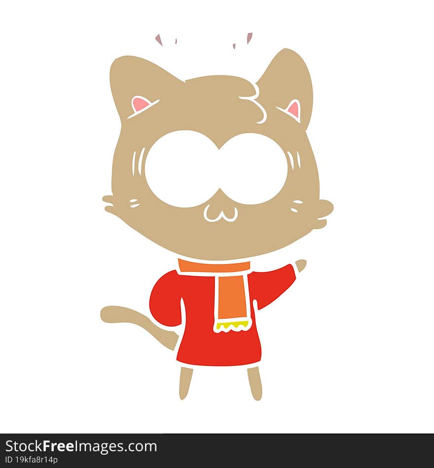 flat color style cartoon surprised cat wearing warm winter clothes