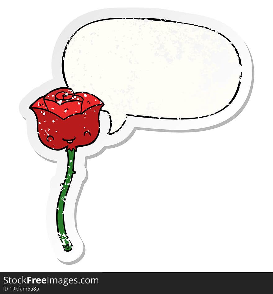 cartoon rose and speech bubble distressed sticker