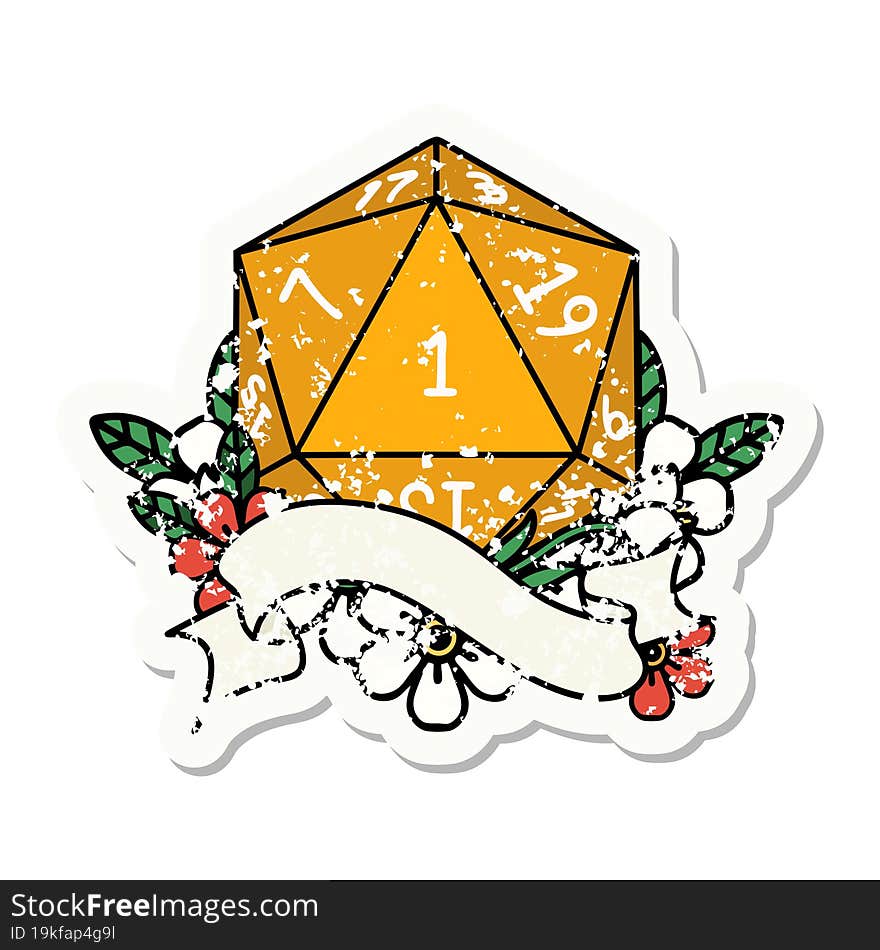 grunge sticker of a natural one d20 dice roll. grunge sticker of a natural one d20 dice roll