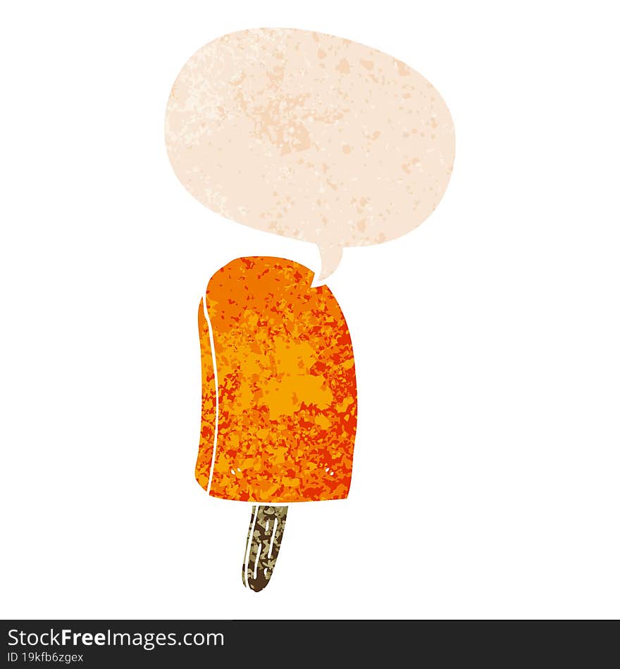 cartoon ice lolly and speech bubble in retro textured style