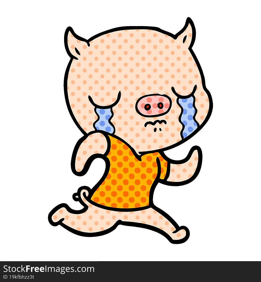 cartoon pig crying running away. cartoon pig crying running away