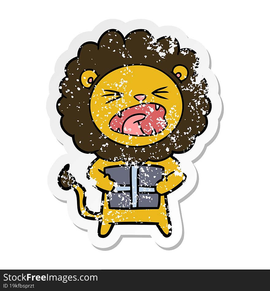 distressed sticker of a cartoon lion with christmas present