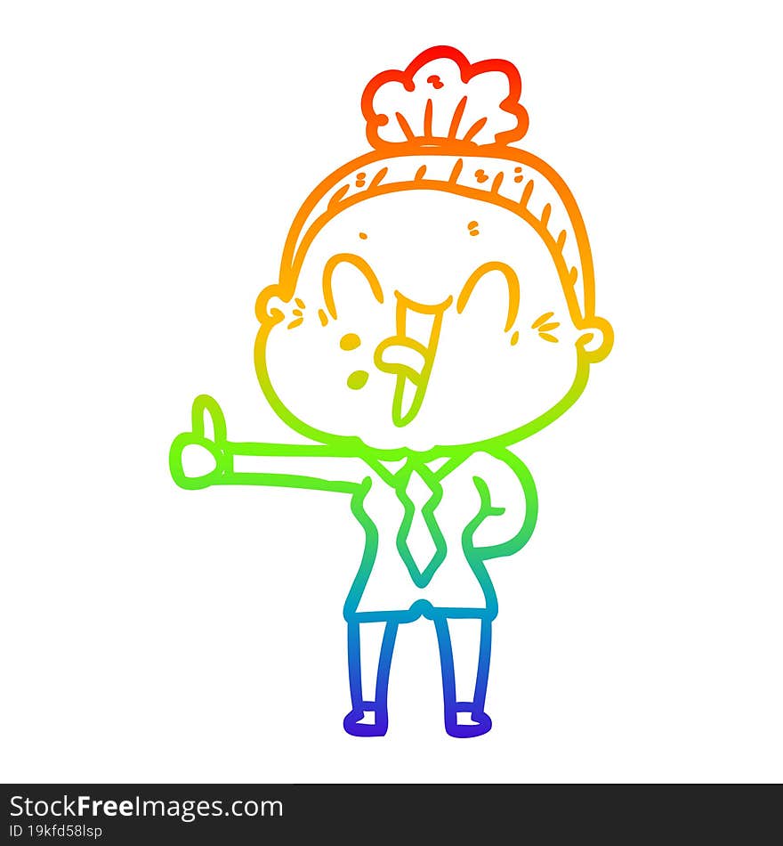 rainbow gradient line drawing of a cartoon happy old woman