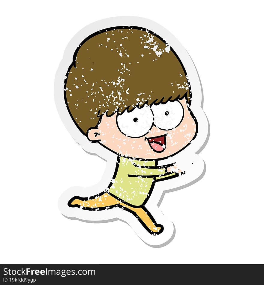 distressed sticker of a happy cartoon boy running