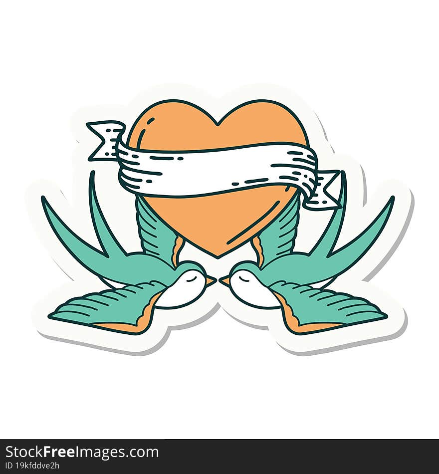 Tattoo Style Sticker Of A Swallows And A Heart With Banner