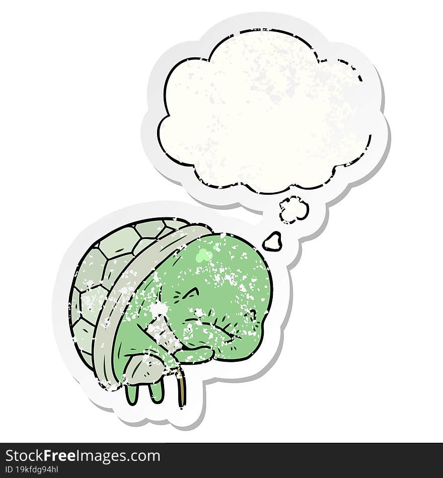 Cute Cartoon Old Turtle And Thought Bubble As A Distressed Worn Sticker