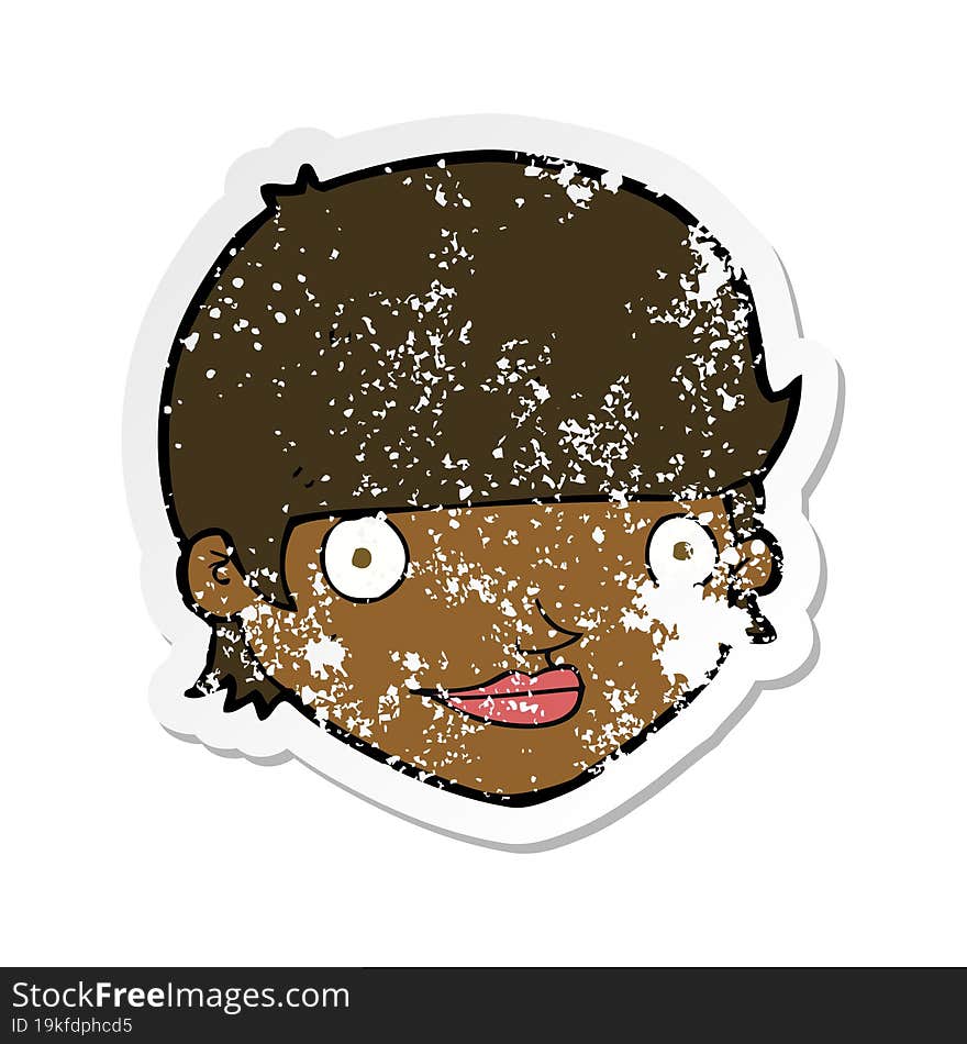 retro distressed sticker of a cartoon happy female face