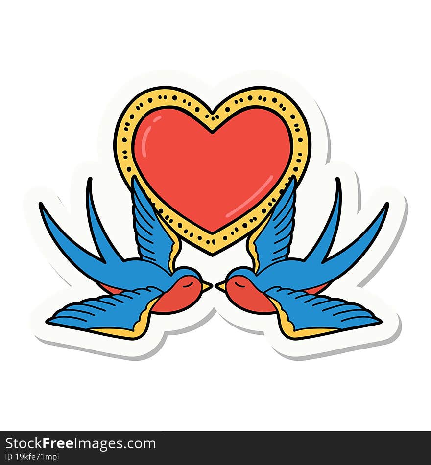 sticker of tattoo in traditional style of swallows and a heart. sticker of tattoo in traditional style of swallows and a heart