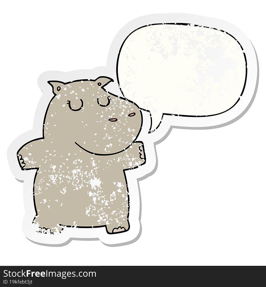 Cartoon Hippo And Speech Bubble Distressed Sticker