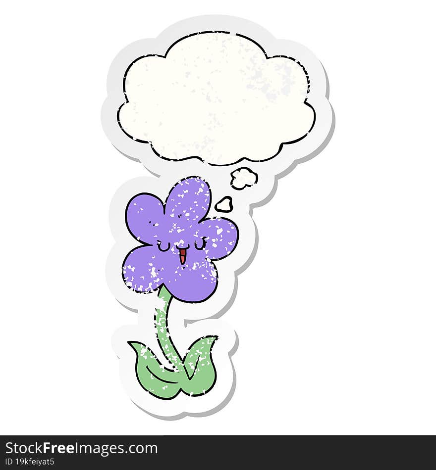 cartoon flower with happy face with thought bubble as a distressed worn sticker