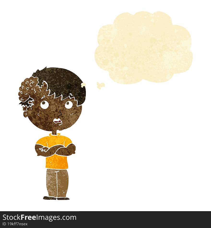 cartoon boy with growth on head with thought bubble