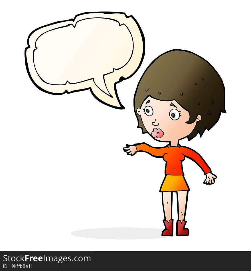 cartoon concerned woman reaching out with speech bubble