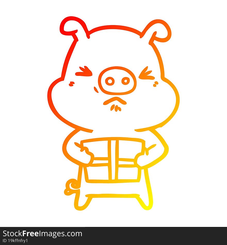 warm gradient line drawing of a cartoon angry pig with christmas present