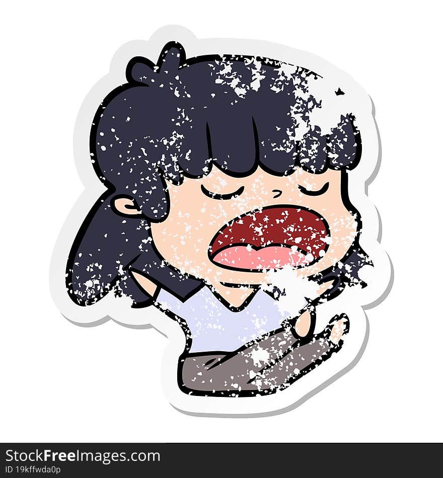 distressed sticker of a cartoon woman talking loudly