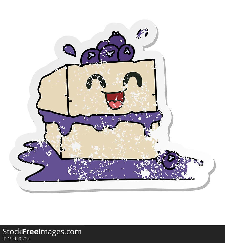 distressed sticker of a quirky hand drawn cartoon happy cake slice