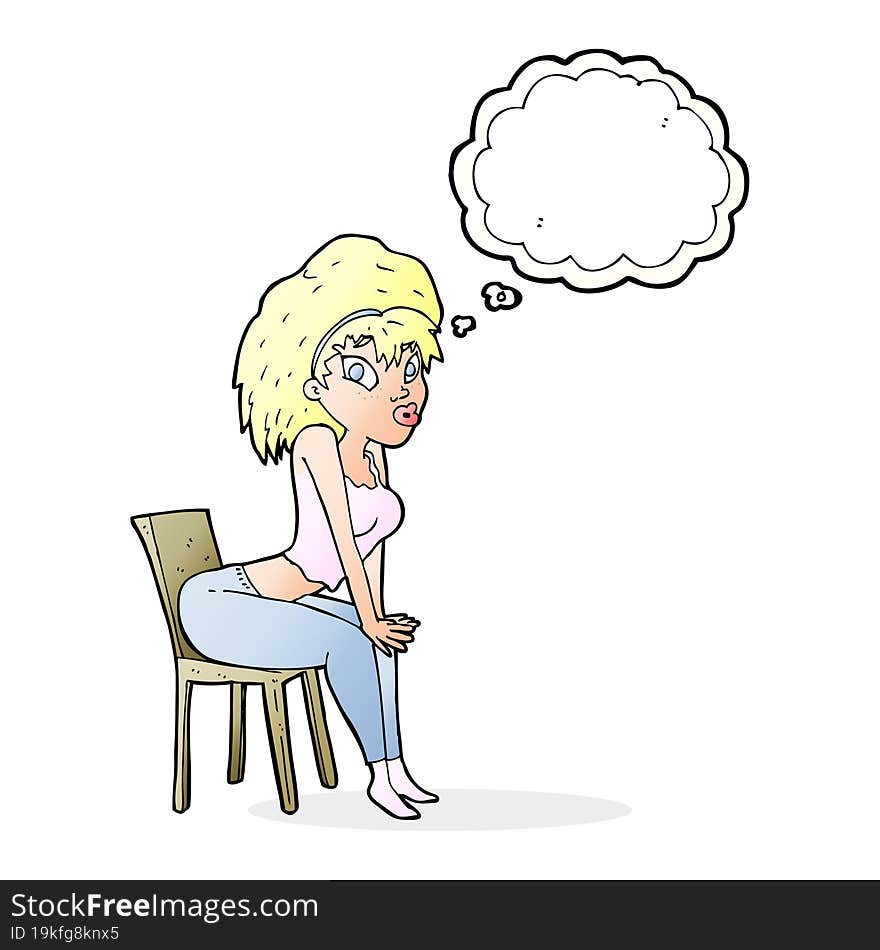 cartoon woman posing on chair with thought bubble