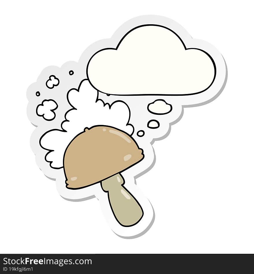 cartoon mushroom with spore cloud and thought bubble as a printed sticker