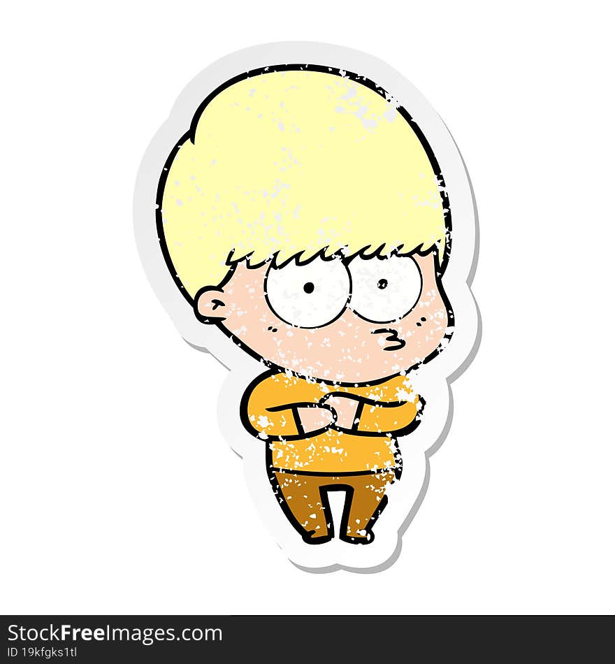 distressed sticker of a nervous cartoon boy