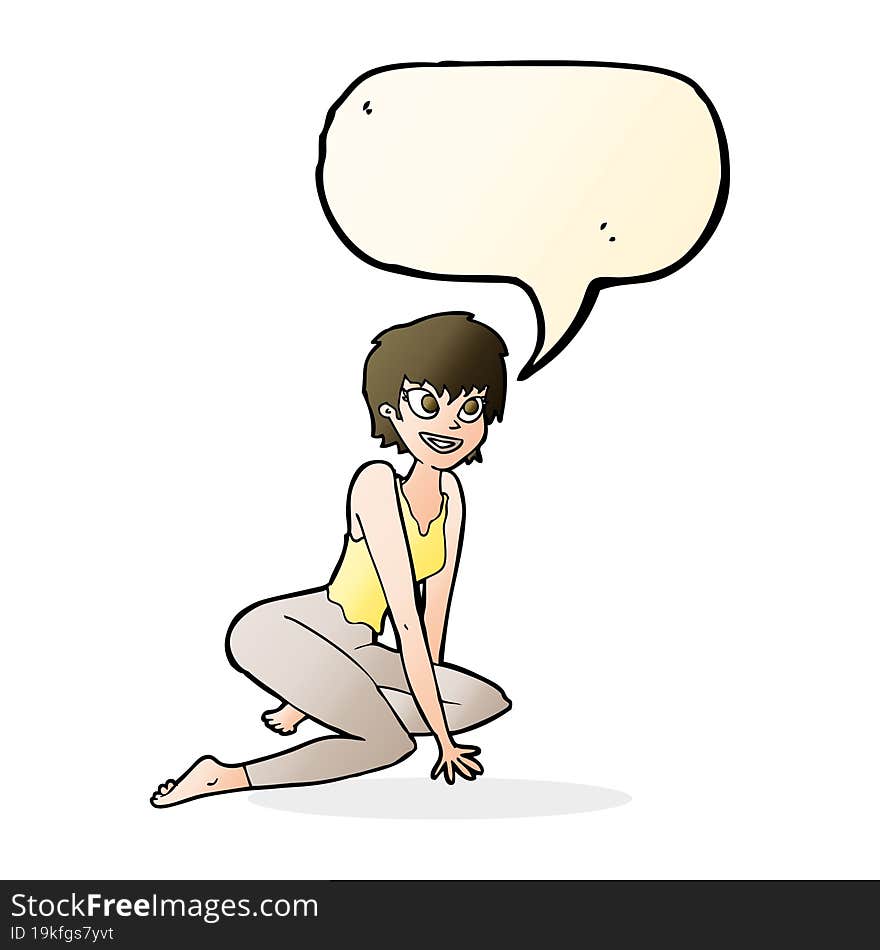 cartoon happy woman sitting on floor with speech bubble