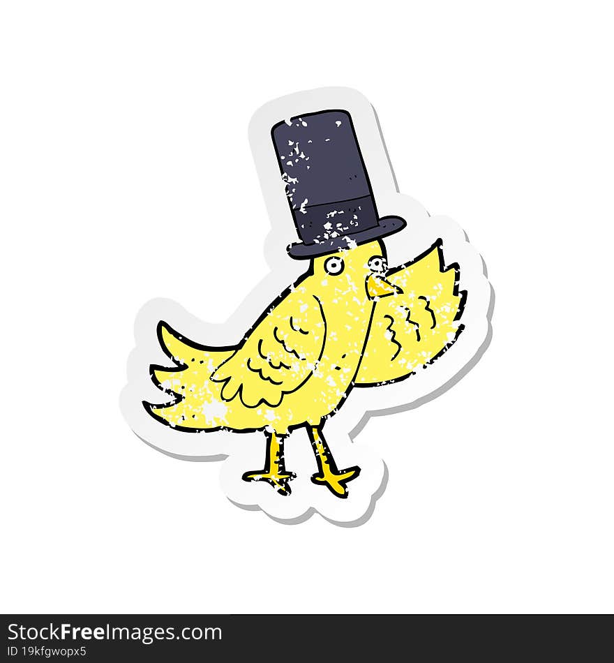 Retro Distressed Sticker Of A Cartoon Bird In Top Hat