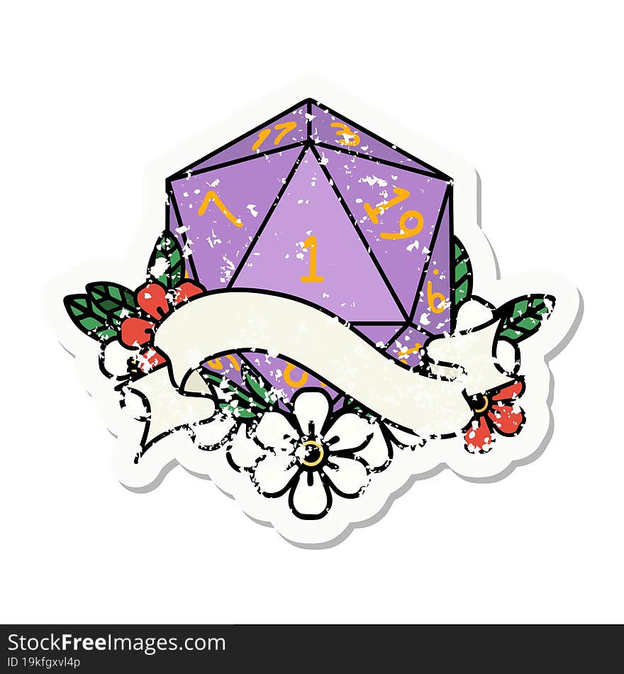 grunge sticker of a natural one d20 dice roll. grunge sticker of a natural one d20 dice roll