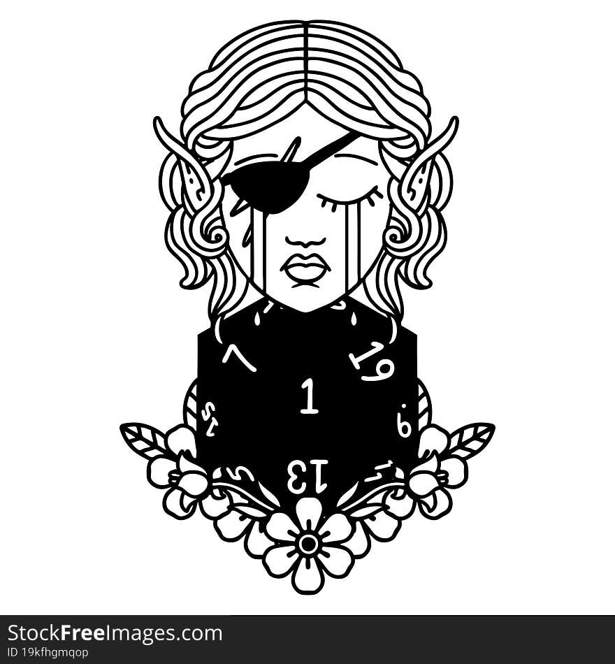 Black and White Tattoo linework Style crying elf rogue character face with natural one D20 roll. Black and White Tattoo linework Style crying elf rogue character face with natural one D20 roll