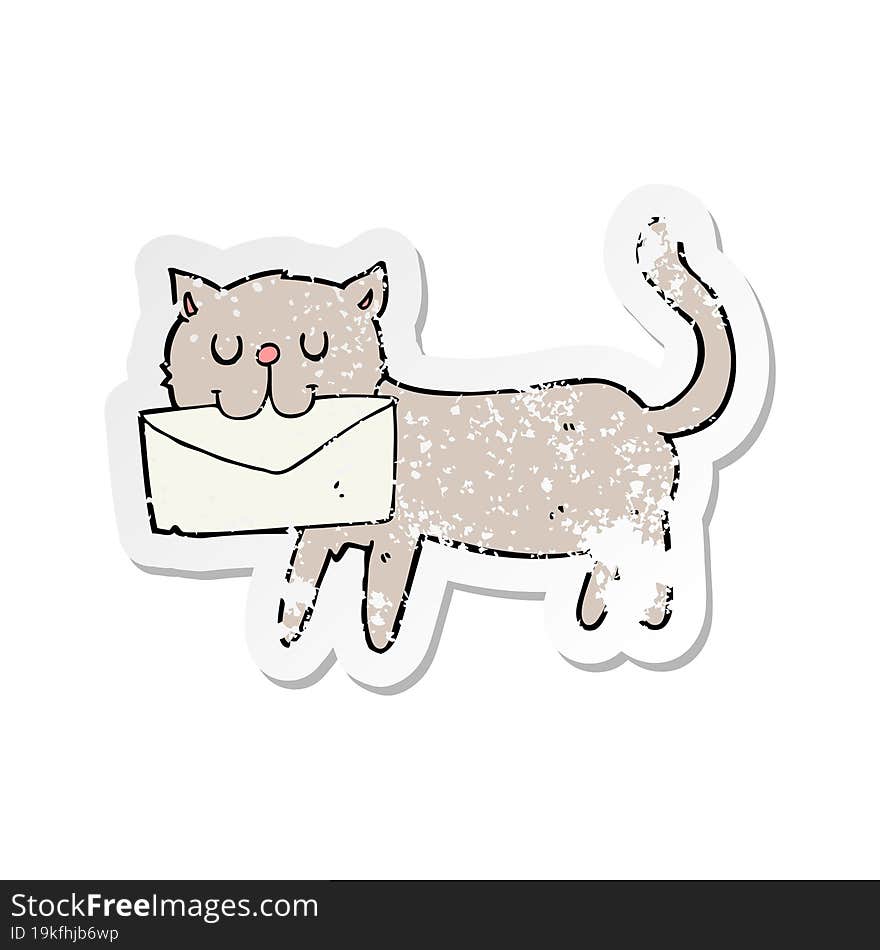 retro distressed sticker of a cartoon cat carrying letter