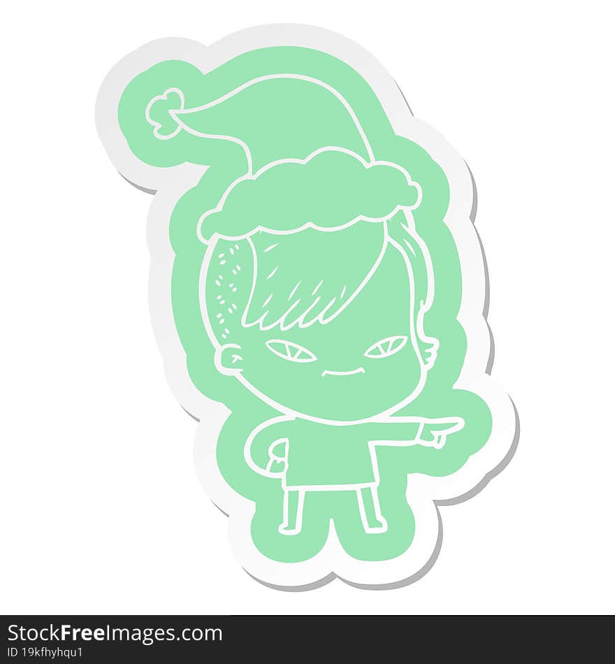 cute cartoon  sticker of a girl with hipster haircut wearing santa hat